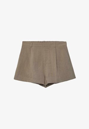 Beżowe spodenki z wysokim stanem, przeszywane, z szlufkami na pasek, przednimi zakładkami i lekko rozkloszowanym dołem, odpowiednie na co dzień lub na uroczyste okazje.