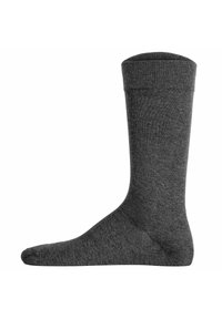 Calzino grigio con polsino a coste, realizzato in tessuto morbido. Presenta una superficie liscia e un design classico a ginocchio alto.