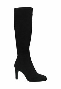Black knee-high boot made of soft suede material, featuring a sleek design, pointed toe, and a high heel for added elevation.