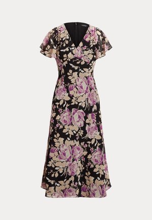 Schwarzes Midikleid mit pinkem und beigem Blumenmuster, kurzen, flatternden Ärmeln, V-Ausschnitt und tailliertem Bund mit fließendem Rock.