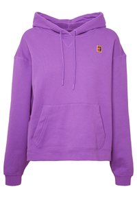 Felpa con cappuccio viola realizzata in tessuto morbido, con tasca a marsupio frontale, cappuccio regolabile con lacci e un piccolo logo sul petto.