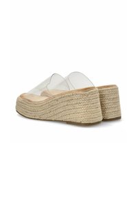 Sandalias cuña transparentes con un upper claro, una plantilla de yute trenzado y una suela texturizada en beige, que presentan un diseño de puntera redondeada.