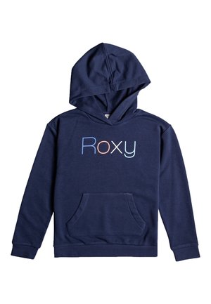 Granatowa bluza z kapturem z przednią kieszenią i wielokolorowym logo „Roxy” na środku klatki piersiowej, długie rękawy oraz ściągacze na mankietach i u dołu bluzy.