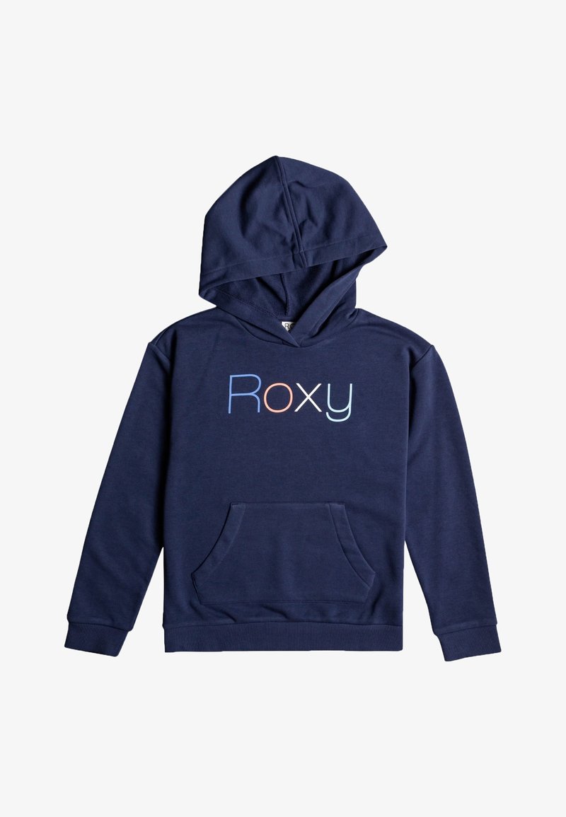 Sweat à capuche bleu marine avec poche avant et logo "Roxy" multicolore centré sur la poitrine, manches longues, avec poignets et ourlet côtelés.