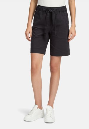 Sorte knælange shorts med elastisk taljebånd og bundet bælte. Fremstillet af let stof med en glat tekstur.