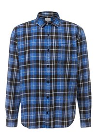 Blauw en zwart geruit overhemd van katoen. Lange mouwen, button-down kraag, borstzak en zwarte knopen met een gestructureerde afwerking.