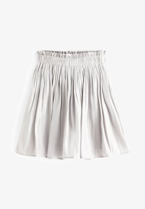 Jupe plissée gris clair avec taille élastique froncée, longueur genou, tissu froncé créant de douces plis verticaux.