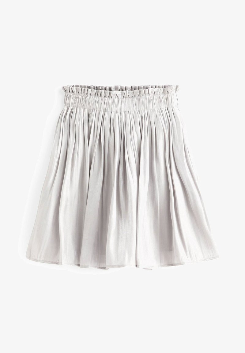 Jupe plissée gris clair avec taille élastique froncée, longueur genou, tissu froncé créant de douces plis verticaux.