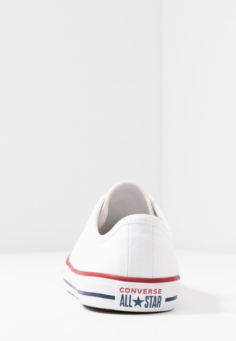 Basket en toile blanche avec un design basse, semelle en caoutchouc rayée rouge et bleue, et branding "Converse All Star" sur le talon.