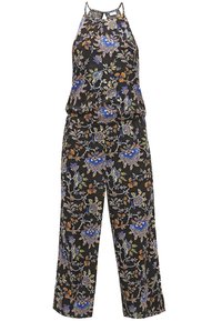 Combinaison noire sans manches avec des motifs floraux bleus, orange et beige et un pantalon à jambes larges.