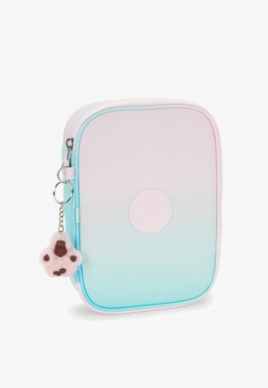 Pastel gradient pen case met een gladde textuur, met een lichtroze basis die overloopt in mintgroen. Inclusief een fluffy accessoire sleutelhanger.