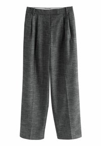 Pantaloni grigi su misura a gamba dritta con passanti per cintura e una sottile texture, progettati per abbigliamento formale o da ufficio.