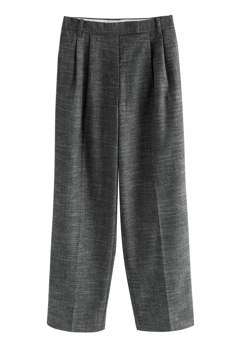 Pantaloni grigi su misura a gamba dritta con passanti per cintura e una sottile texture, progettati per abbigliamento formale o da ufficio.