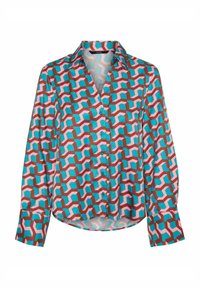 Camicia a maniche lunghe con bottoni, in un vivace motivo geometrico; i colori includono turchese, rosa e marrone; tessuto morbido con colletto.