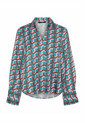 Camicia a maniche lunghe con bottoni, in un vivace motivo geometrico; i colori includono turchese, rosa e marrone; tessuto morbido con colletto.