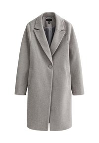 Grå ullblandad kappa med slagkrage, enkel knappstängning och två sidofickor. Slät innerfoder och knälång design.