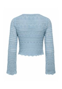 Pull en crochet bleu clair avec un motif texturé, manches longues et ourlet festonné. Détails ajourés tout au long du design.