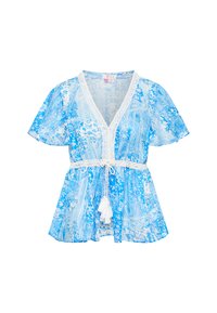 Top blu con motivo, maniche corte, scollo a V e vita regolabile con cordino. Presenta decorazioni in pizzo bianco e frange. Tessuto leggero.