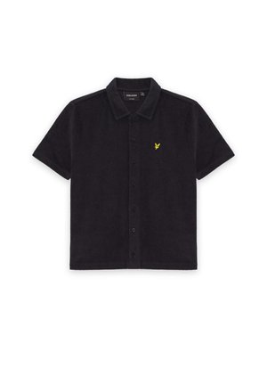 Chemise noire à manches courtes avec col et petit logo d'oiseau jaune sur la poitrine gauche.