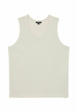 Maiou tricotat cu reieuri, de culoare crem, fără mâneci, cu decolteu rotund și o etichetă mică neagră a brandului în interiorul gulerului.