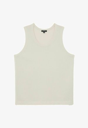 Maiou tricotat cu reieuri, de culoare crem, fără mâneci, cu decolteu rotund și o etichetă mică neagră a brandului în interiorul gulerului.