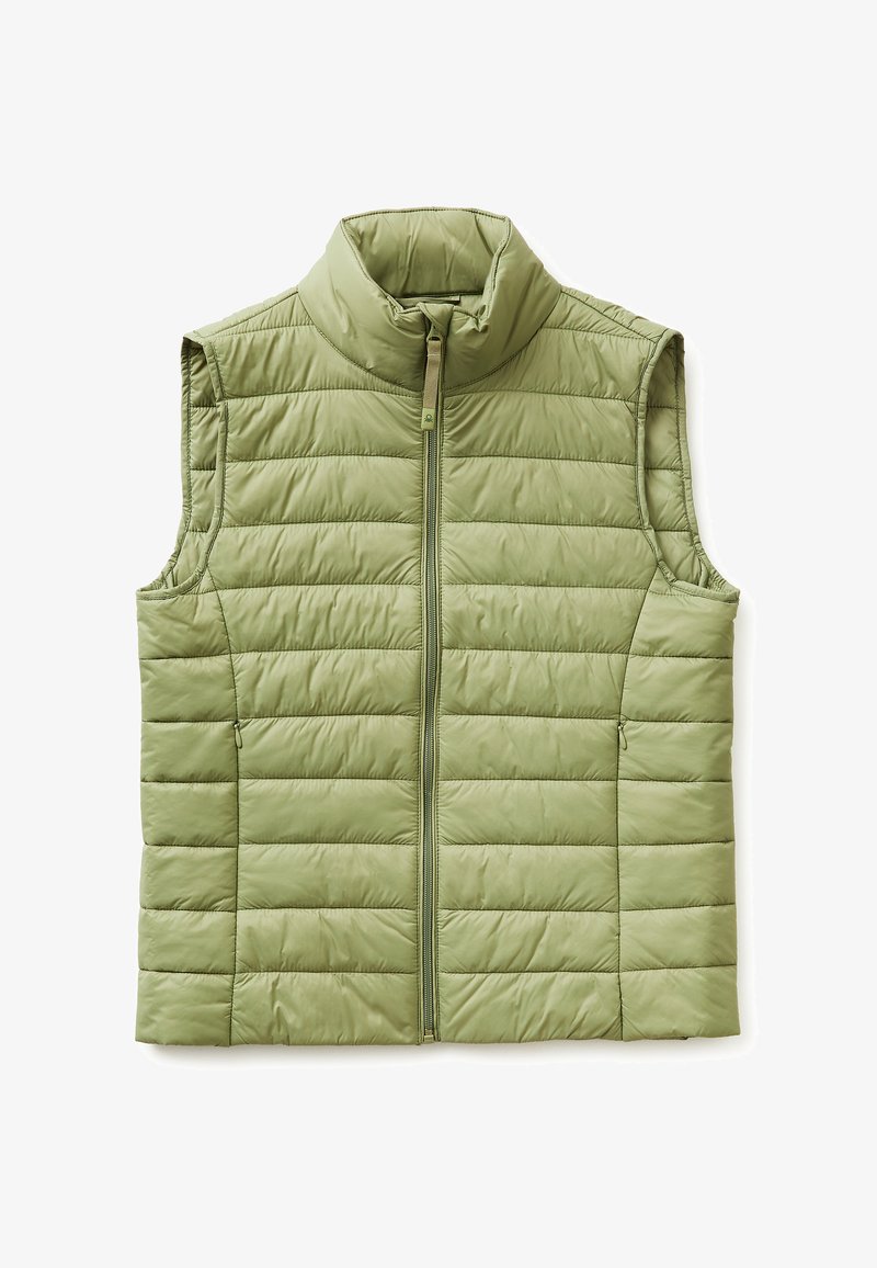 Hellgrüne, gesteppte ärmellose Weste mit Stehkragen und Reißverschluss vorne.