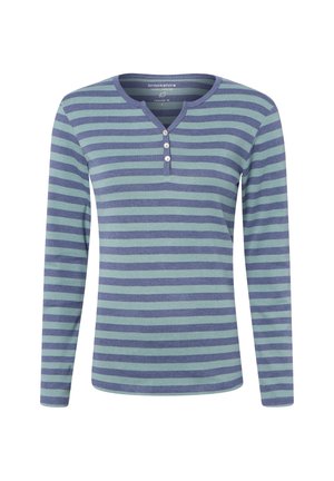 Long-sleeve shirt with blue and teal horizontal stripes and a round neckline with three buttons down the front center.