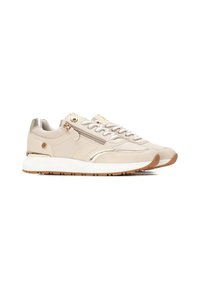 Zapatillas beige con un diseño elegante, materiales de cuero y textil, acentos metálicos y una suela de goma. Cuenta con cordones y un bolsillo con cremallera.