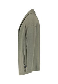 Olivově zelený kardigan s šálovým límcem, texturovaná tkanina, otevřený přední díl a boční rozparky. Obsahuje malou značkovou etiketu na spodní části.