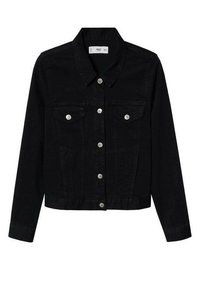 Veste en denim noir à manches longues, boutons argentés sur le devant et sur deux poches poitrine, col classique et taille ajustée.