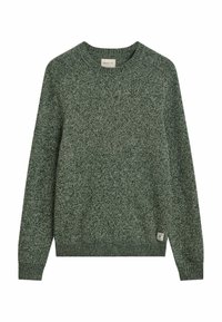 Grüner Pullover mit einem strukturierten Strickmuster, Rundhalsausschnitt und langen Ärmeln. Besitzt ein kleines Markenetikett unten links.