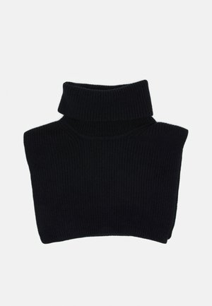 Sort ribstrikket rullekrave-dickey med foldbar krave, designet som en sweaterindsats, der dækker hals og skuldre.