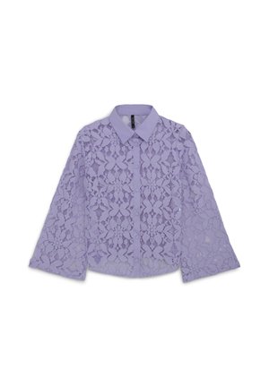 Lavender lace blouse with a collar, button front, and long bell sleeves. Intricate floral pattern, semi-sheer fabric, and soft texture.