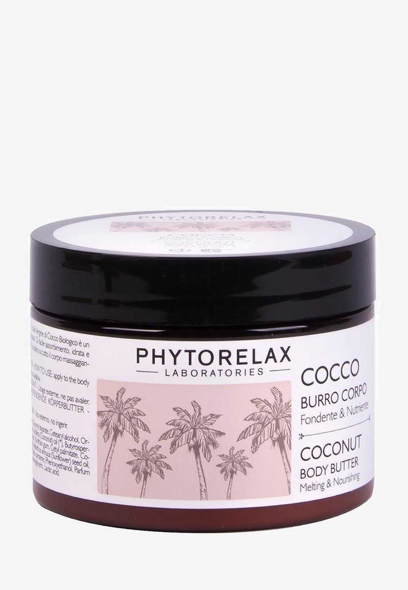 Beurre corporel à la noix de coco dans un pot sombre, avec un couvercle blanc. L'étiquette présente des palmiers, le nom de la marque Phytorelax, et un texte descriptif en plusieurs langues.