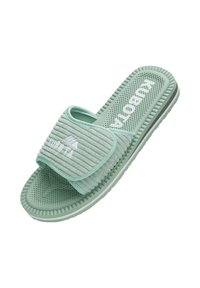 Sandale à glissière vert menthe avec une lanière en tissu ribbé, un semelle intérieure texturée et une semelle en caoutchouc flexible avec des bandes pronounced.