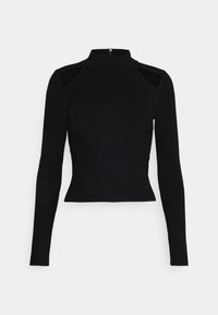 Zwarte geribbelde coltrui met lange mouwen, voorzien van uitsnijdingen bij de schouders en een aansluitend ontwerp. Zachte textuur met een strakke uitstraling.