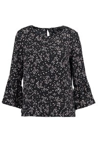Black floral blouse with three-quarter bell sleeves, featuring a round neckline and a keyhole back; smooth fabric with small pink and white patterns.