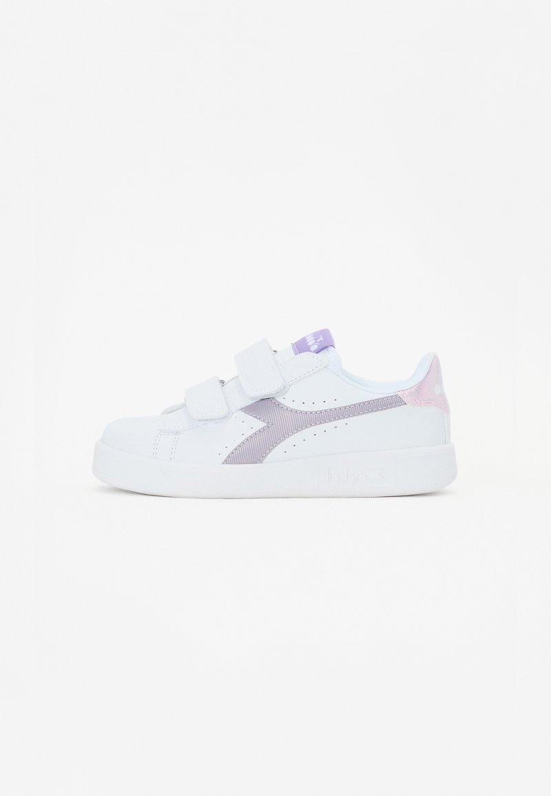 White sneaker with purple and pink accents, featuring two Velcro straps, rounded toe, and a smooth texture. Side logo and perforated details.