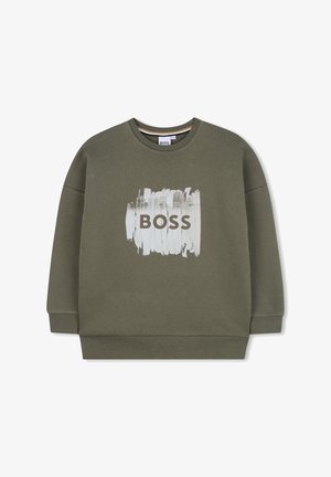 Felpa verde oliva con una vestibilità comoda, caratterizzata da un design a pennellate bianche e da testo "BOSS" in lettere nere in grassetto sul davanti.