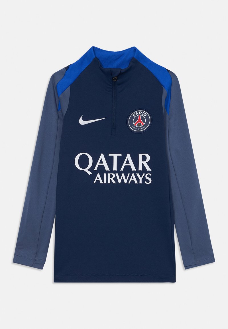 Haut de sport à manches longues navy avec des accents bleus, col zippé à mi-hauteur, et logos imprimés pour le Paris Saint-Germain et Qatar Airways. Tissu extensible.