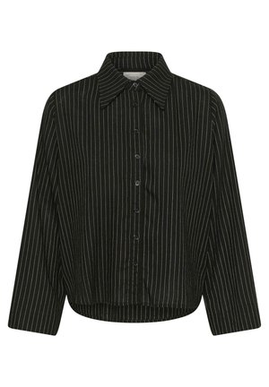 Must värviline pika varrukaga nööbitav särk valgete vertikaalsete kitsaste triipudega ja terava kraega, esiküljelt valgel taustal.