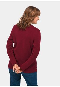 Bordeaux gestrickter Pullover mit klassischem Design, langärmlig und in lockerer Passform. Glatte Textur, geeignet für die Freizeit.