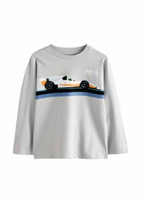 Maglietta a maniche lunghe grigia chiara con una grafica di una auto da corsa bianca e arancione e testo giapponese che recita "Suzuka Racing Circuit, Giappone."