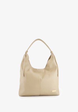 Beige leather shoulder bag with single handle, soft texture, and small gold rectangular logo plate on front lower right.