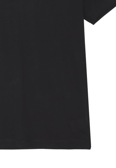 T-shirt in cotone nero con maniche corte, colletto a giro e una texture liscia. Nessun motivo o decorazione visibile.