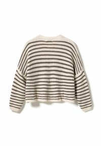 Roomwit en grijs gestreepte gebreide trui met lange mouwen, verlaagde schouders, ronde hals en iets cropped zoom, gezien van achteren.