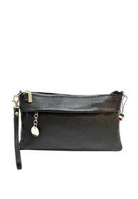 Zwarte leren clutch met een gestructureerde afwerking, een ritssluiting en een afneembare polsband. Bevat een charm van goudkleurige hardware en een accent van de Italiaanse vlag.