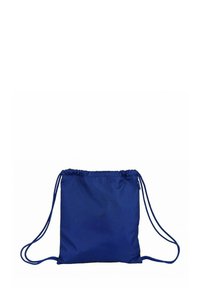 Sac à dos à cordon bleu fabriqué en tissu durable. Présente un design simple avec des cordons réglables pour le transport. Texture lisse, forme rectangulaire.