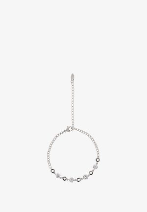 Srebrna bransoletka łańcuszkowa z naprzemiennymi przezroczystymi kamieniami i czarnymi akcentami, z zapięciem typu homar oraz regulowanym łańcuszkiem.
