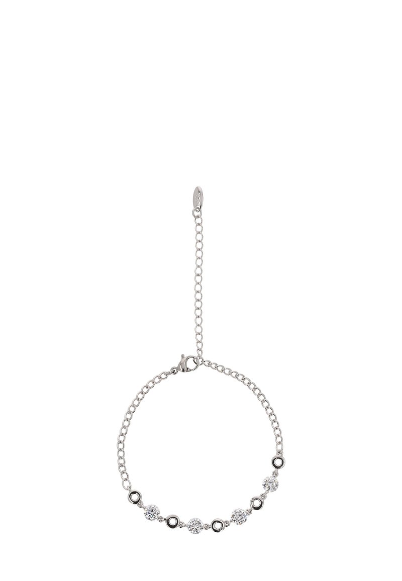 Ezüst lánc karkötő, váltakozó átlátszó kövekkel és fekete díszítésekkel, homárkapoccsal és állítható hosszúságú lánccal.